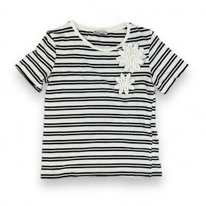 ZARA White Navy Blue Striped Floral/Flower Decal Top Shirt